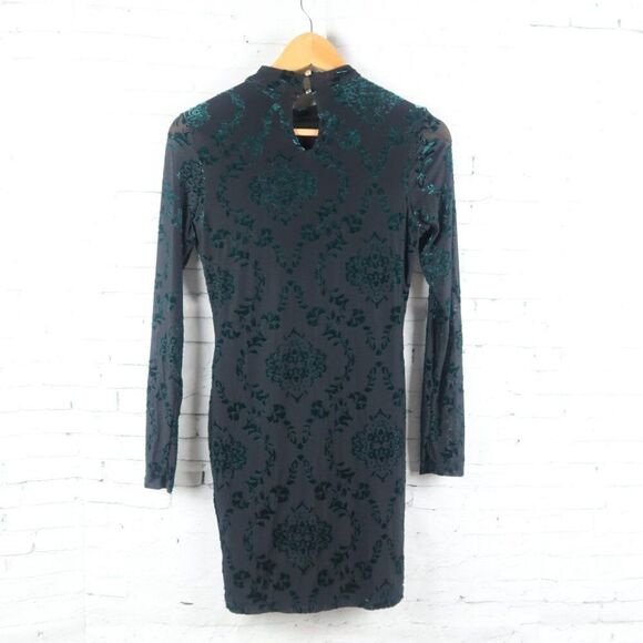 IRIS BLACK & TEAL VELVET BURNOUT FLORAL LONG SLEEVE HIGH NECK DRESS SIZE MEDIUM - Picture 11 of 11